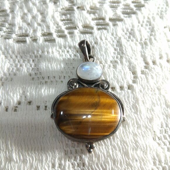 Vintage 925 Silver Real Tiger Eye & Moonstone Gemstone Oval Pendant Boho Hippie - Picture 7 of 16